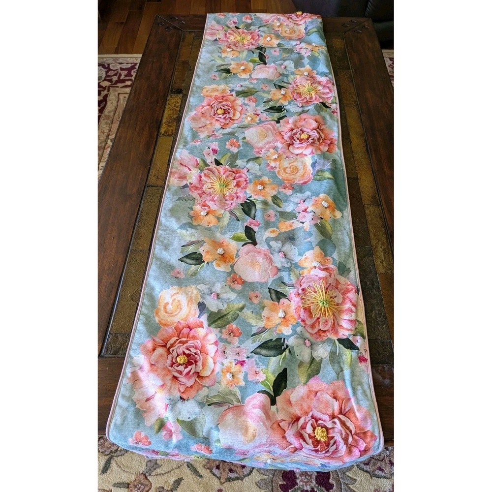 Nicole Miller Watercolor Embellished Roses Spring Florals 72" Table Runner - Picture 1 of 11